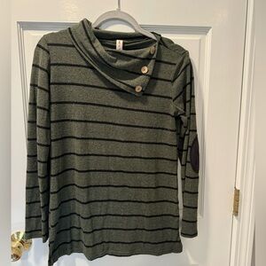 Green with black stripes sweater.  Collared neck with buttons. Size medium